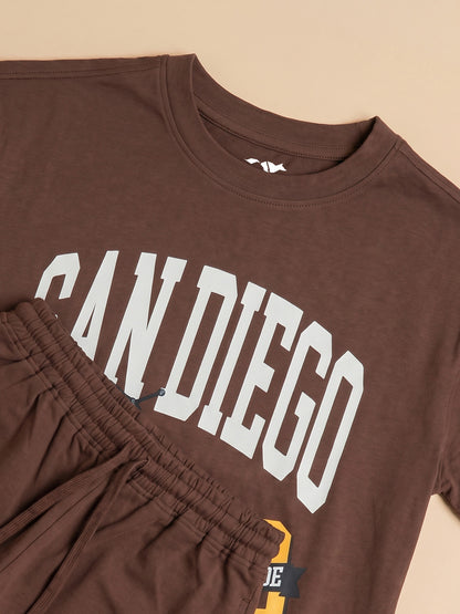 Kids' Brown "SAN DIEGO" Graphic Printed T-Shirt and Track Pants Set