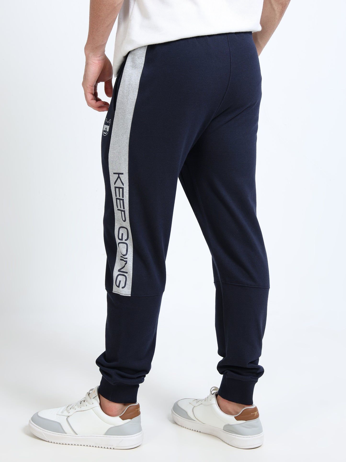 Men’s Navy Blue Regular Fit Joggers | Mid-Rise | Printed Details | Elasticated Waist