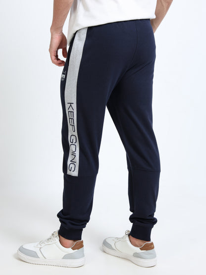 Men’s Navy Blue Regular Fit Joggers | Mid-Rise | Printed Details | Elasticated Waist