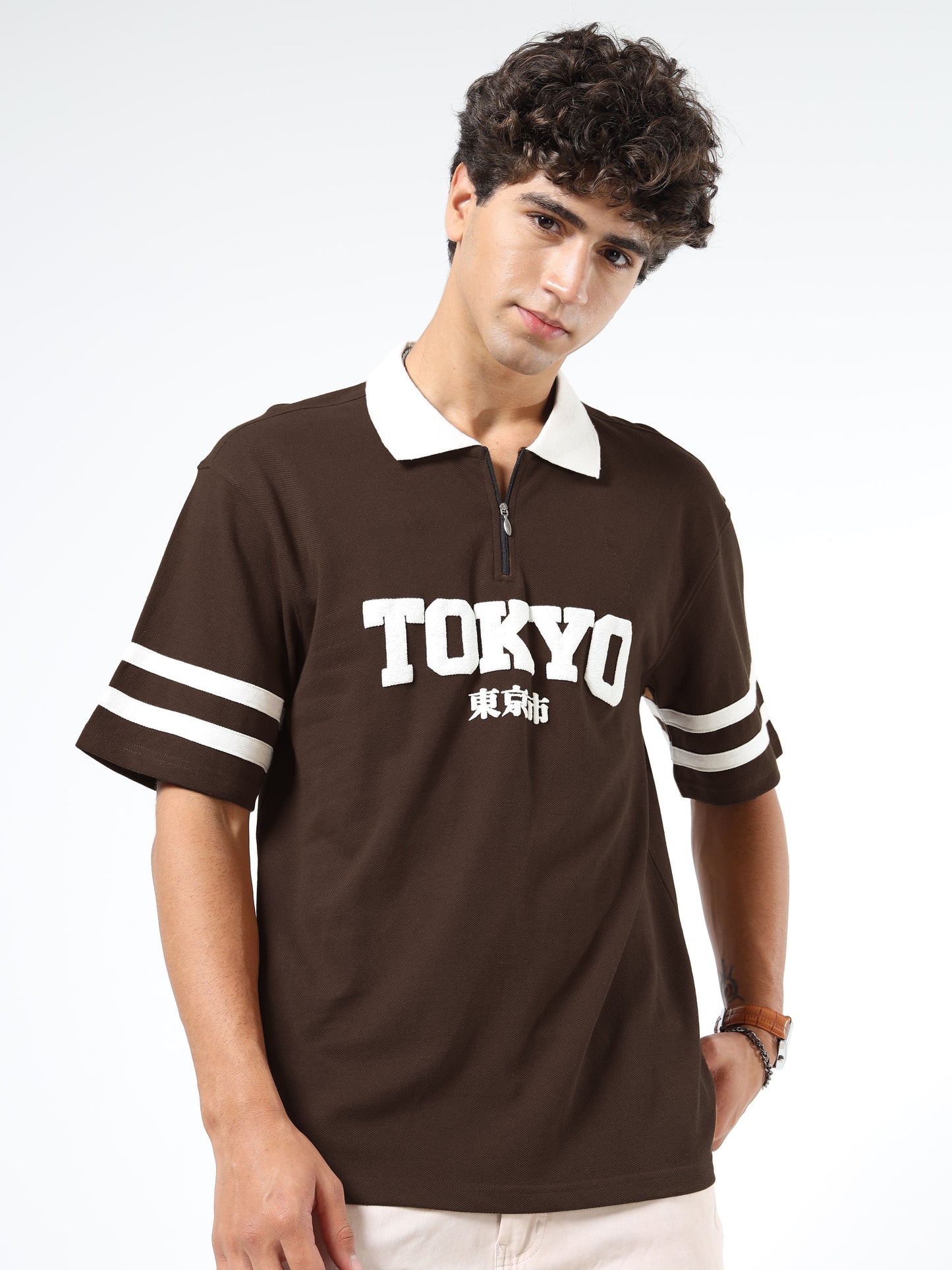Mens Drop Shoulder Oversized Polo T-Shirt – Tokyo Printed Zipper Polo