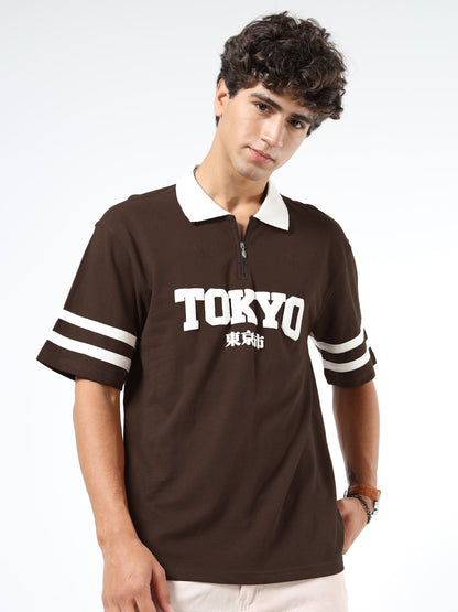 Mens Drop Shoulder Oversized Polo T-Shirt – Tokyo Printed Zipper Polo