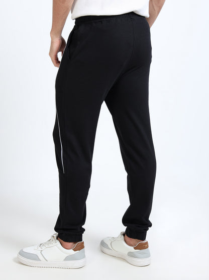 Premium Black Joggers for Men | Cotton Blend | Contrast Piping | Slip-On Closure