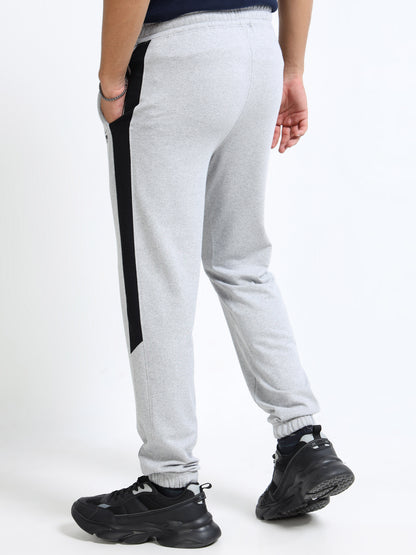 Men’s Grey Cotton Blend Joggers with Black Side Panel | Regular Fit Track Pants for Gym & Casual Wear