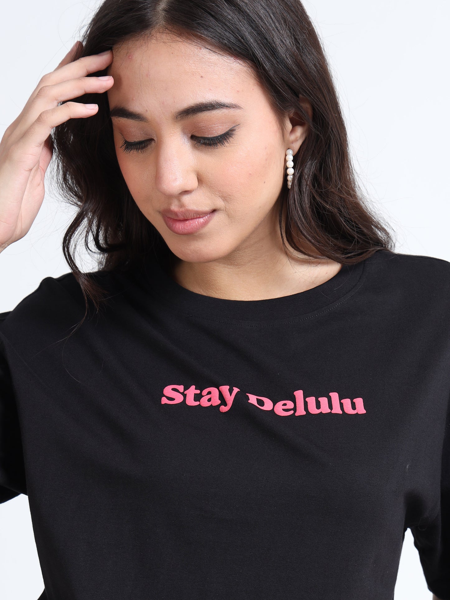 Women’s Oversized Black Tshirt – Stay Delulu Graphic Tee