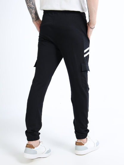 Men’s Black Cotton Blend Cargo Joggers – Regular Fit Track Pants with Utility Pocket