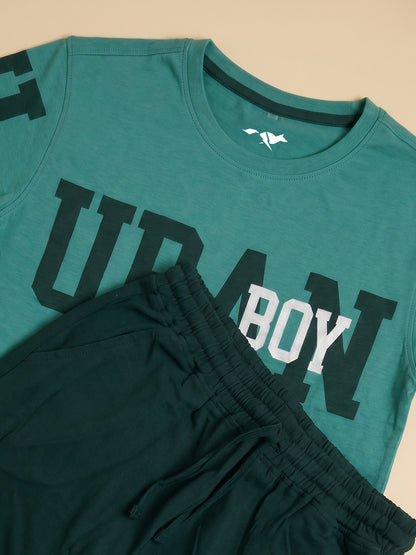 Kids' Teal and Dark Mint Colorblock Graphic T-Shirt and Cargo Track Pants Set