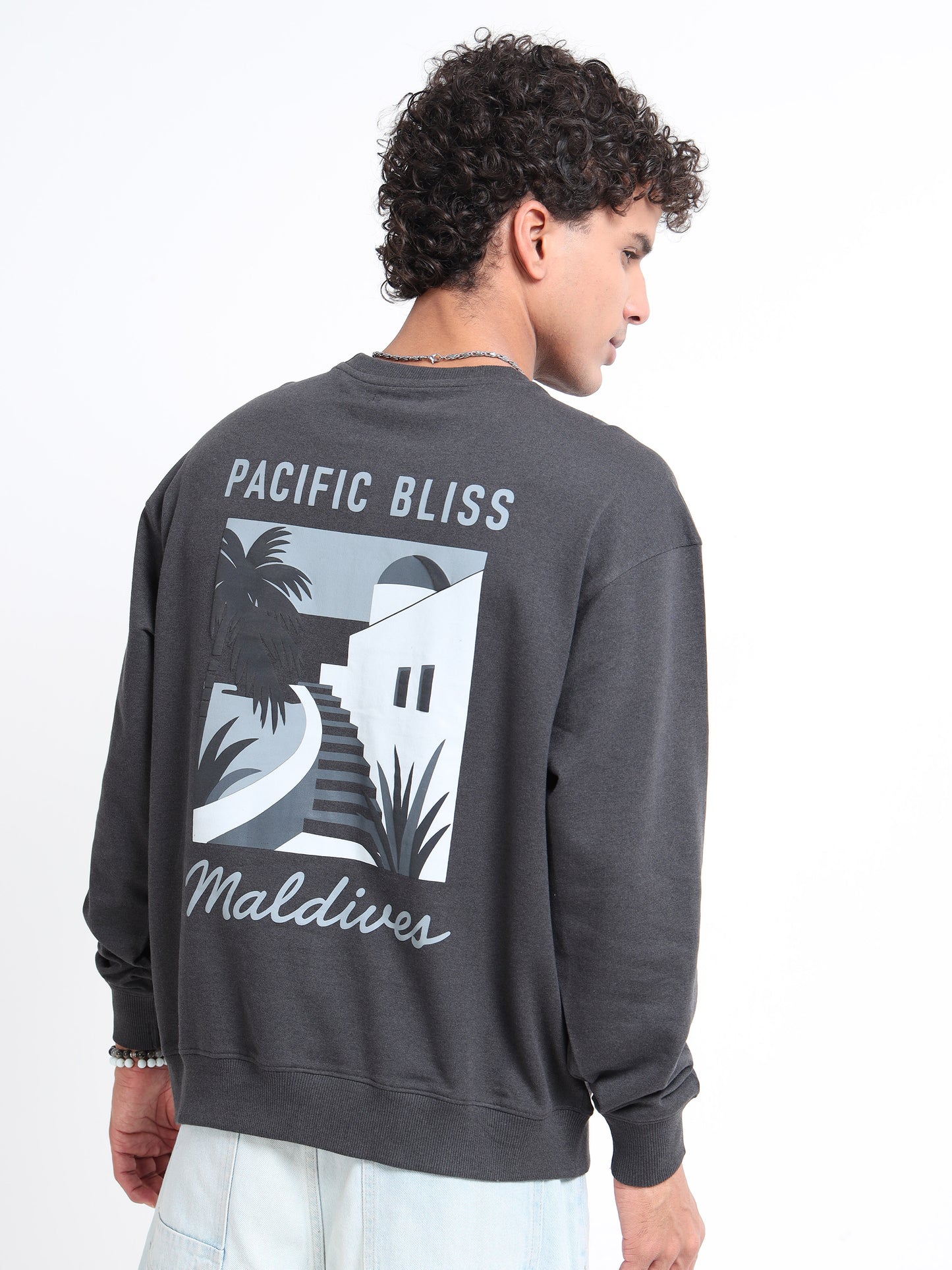 Men’s Charcoal Oversized Sweatshirt | Pacific Bliss Maldives Back Print Crewneck