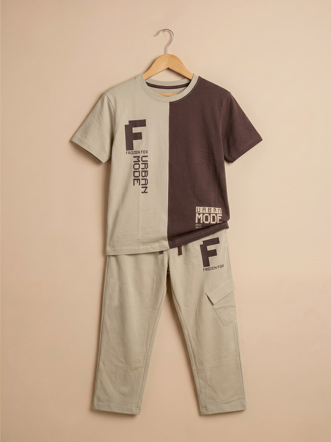 Kids' Beige and Brown Colorblock Graphic T-Shirt and Track Pants Set
