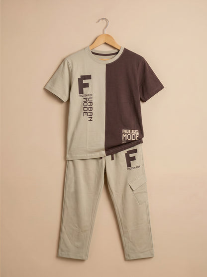 Kids' Beige and Brown Colorblock Graphic T-Shirt and Track Pants Set