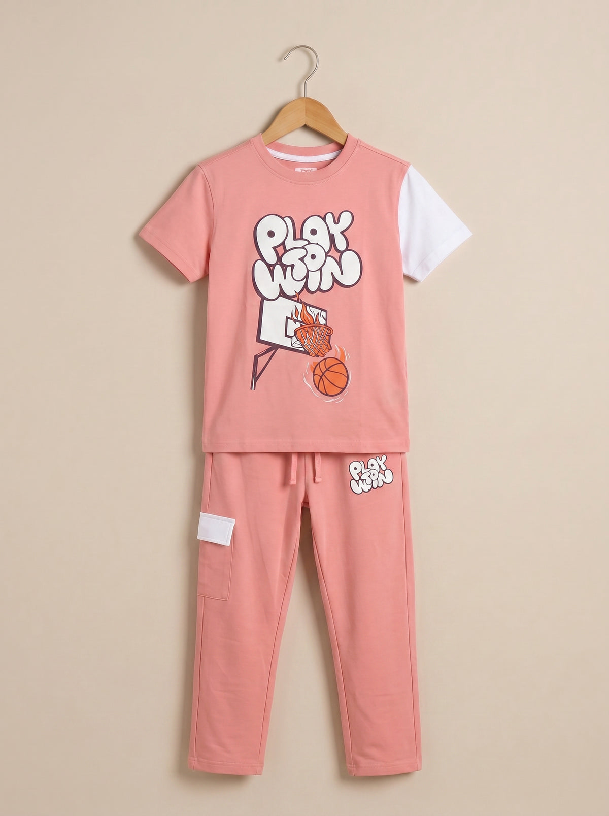 Kids' Coral "PLAY TO WIN" Basketball Graphic T-Shirt and Track Pants Set