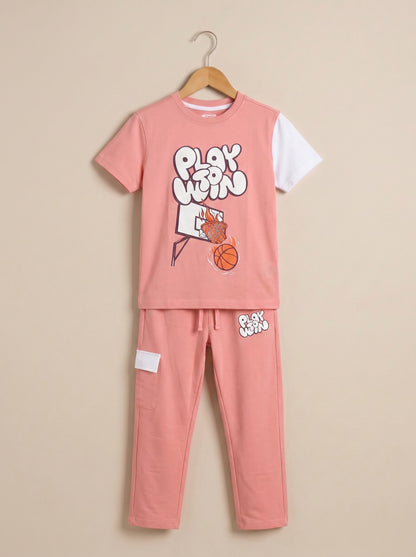 Kids' Coral "PLAY TO WIN" Basketball Graphic T-Shirt and Track Pants Set