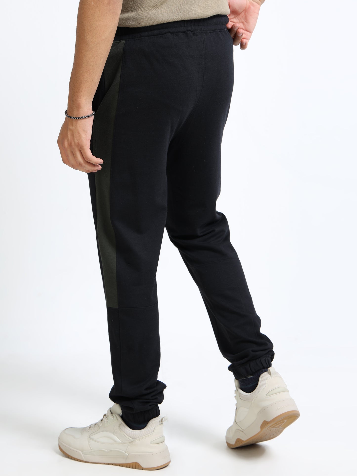 Men’s Black Cotton Blend Track Pants with Olive Side Panel | Regular Fit Fit Joggers for Gym & Casual Wear