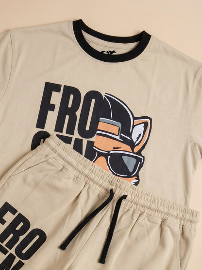 Kids' Beige "FROSEN FOX" Graphic Printed T-Shirt and Cargo Track Pants Set