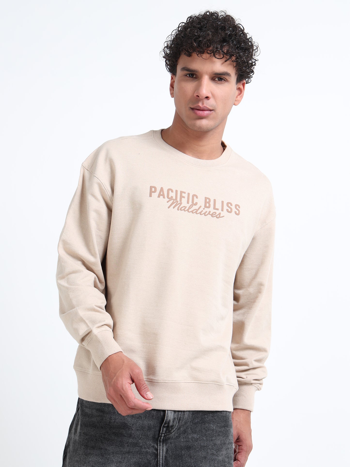 Men’s Beige Oversized Sweatshirt | Pacific Bliss Maldives Back Print Crewneck