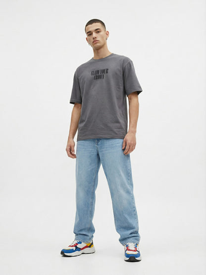 Men’s Oversized Grey Graphic T-Shirt – Crown Chess Back Print |  Cotton Blend Drop Shoulder Streetwear Tee