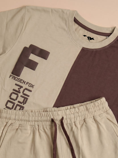 Kids' Beige and Brown Colorblock Graphic T-Shirt and Track Pants Set