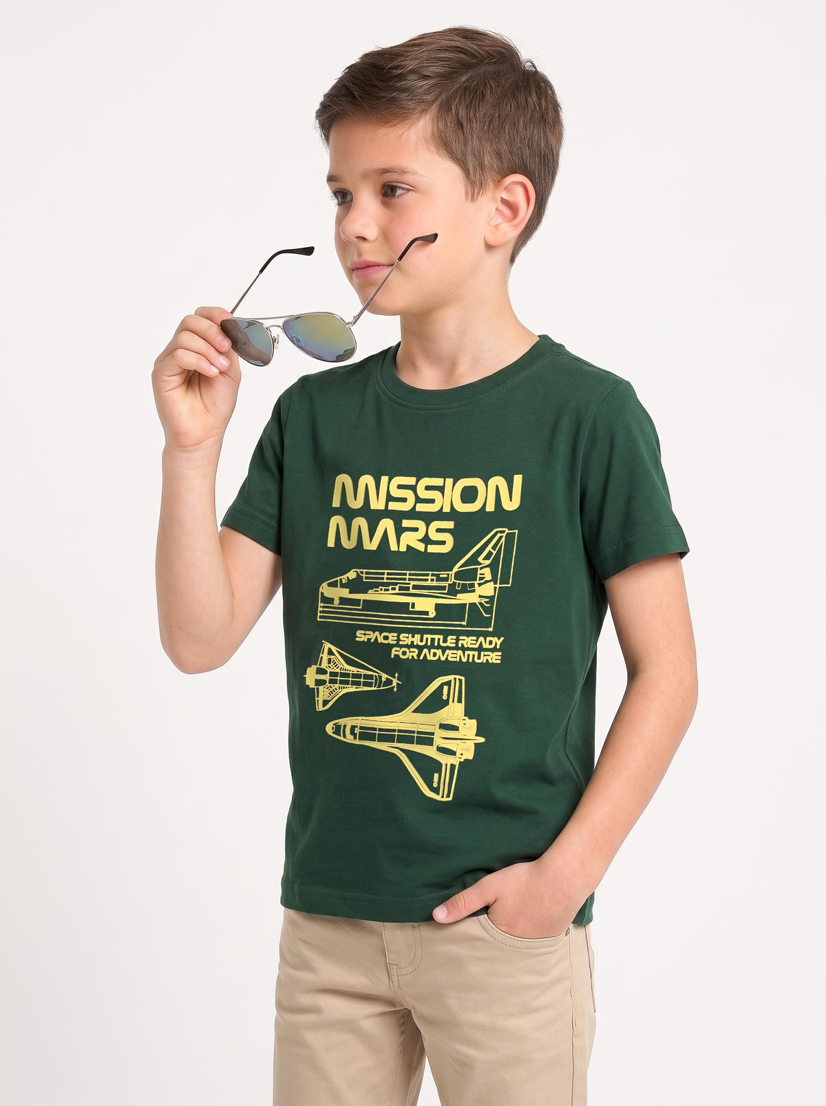 Kids' Dark Green Space Shuttle Graphic Printed T-Shirt | Casual Everyday Wea