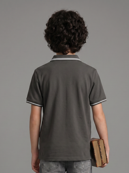 Boys' Charcoal Grey Polo T-Shirt | Contrast Stripe Collar & Chest Graphic