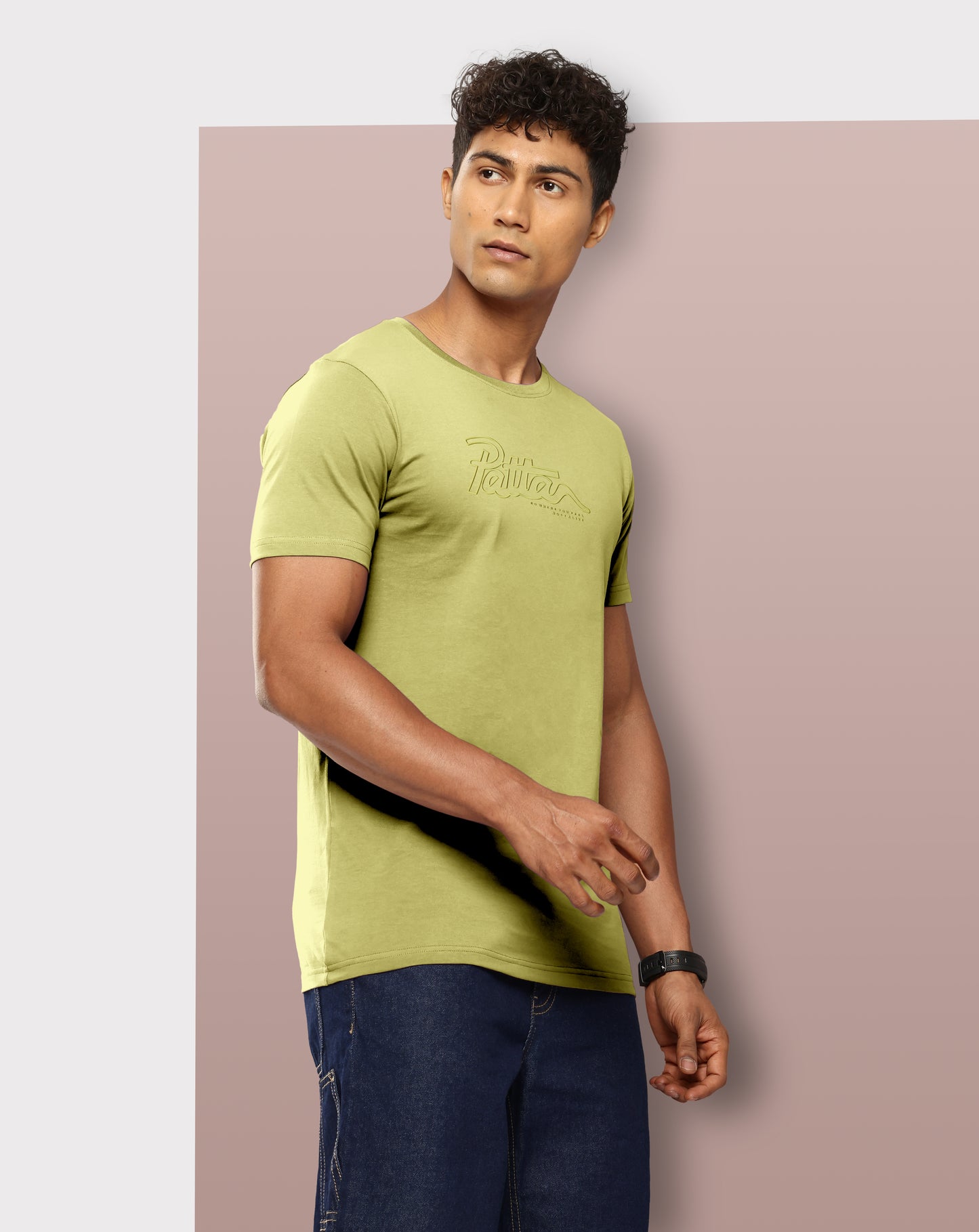 Men Green Solid Embossed Logo Round Neck T-Shirt
