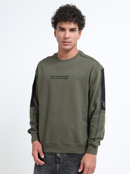 Men’s Olive Green Oversized Sweatshirt | Motivational Printed Round neck Pullover