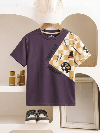 Boys Colorblock Graphic T-Shirt – “Champ” Patchwork Short Sleeve Tee