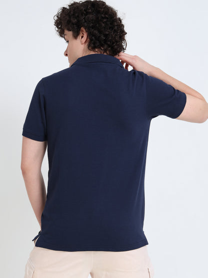 Men’s Navy Cotton Blend Polo T-Shirt with Minimal Chest Logo | Regular Fit Casual Tee