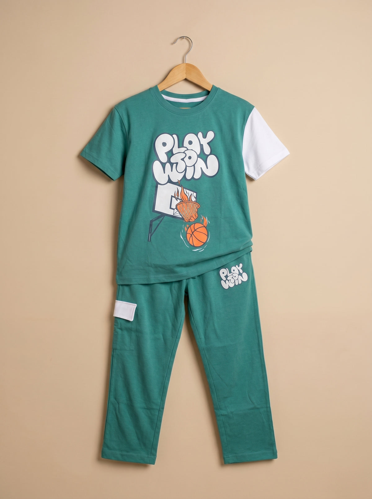 Kids' Dark MInt "PLAY TO WIN" Basketball Graphic T-Shirt and Track Pants Set