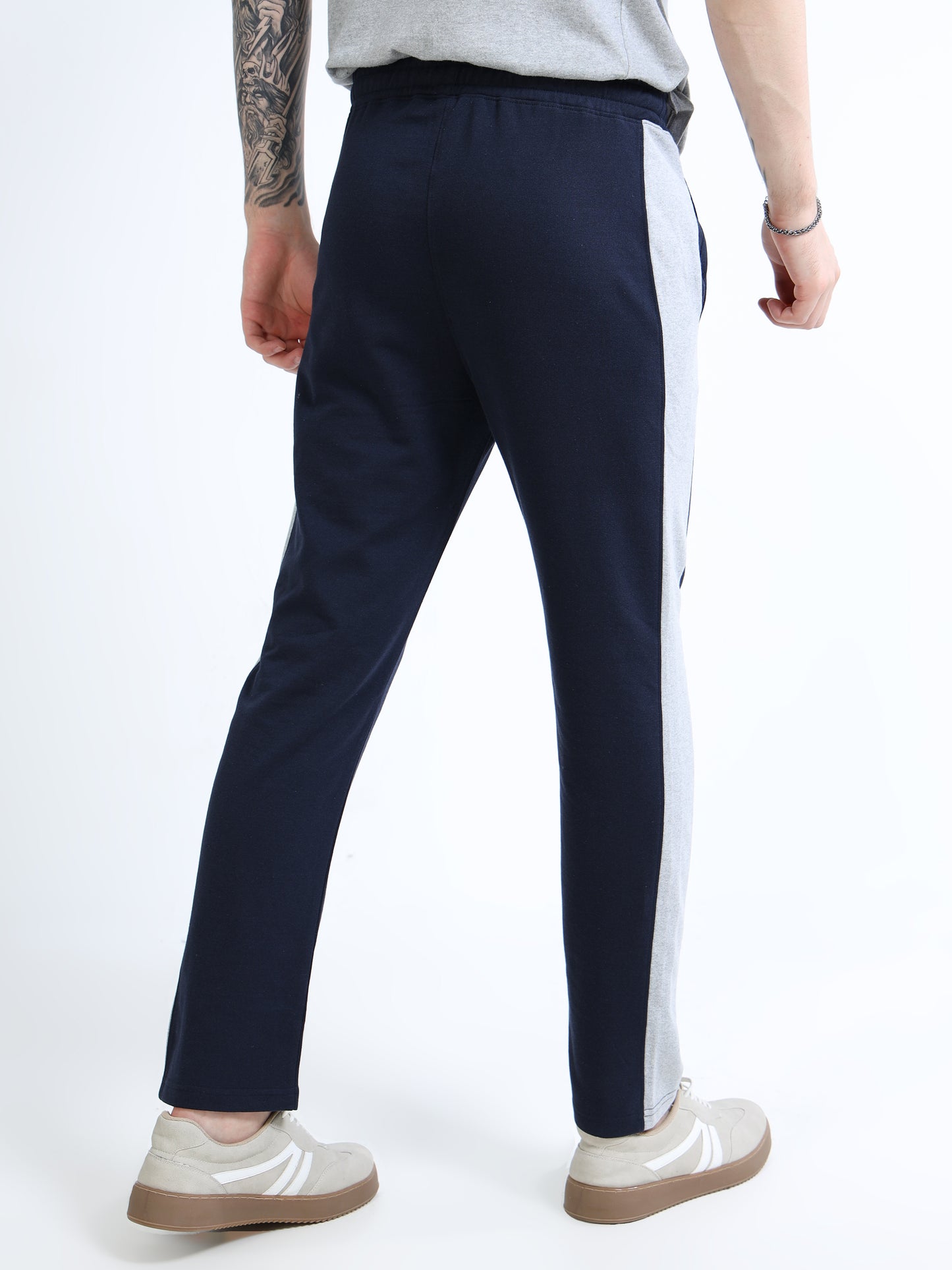 Men’s Navy Blue Cotton Blend Trackpant with Grey Side Panel | Regular Track Pants for Casual & Gym Wear