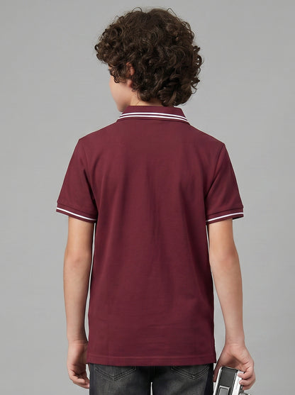 Boys' Maroon Solid Polo T-Shirt | Contrast Stripe Collar & Sleeve Detail