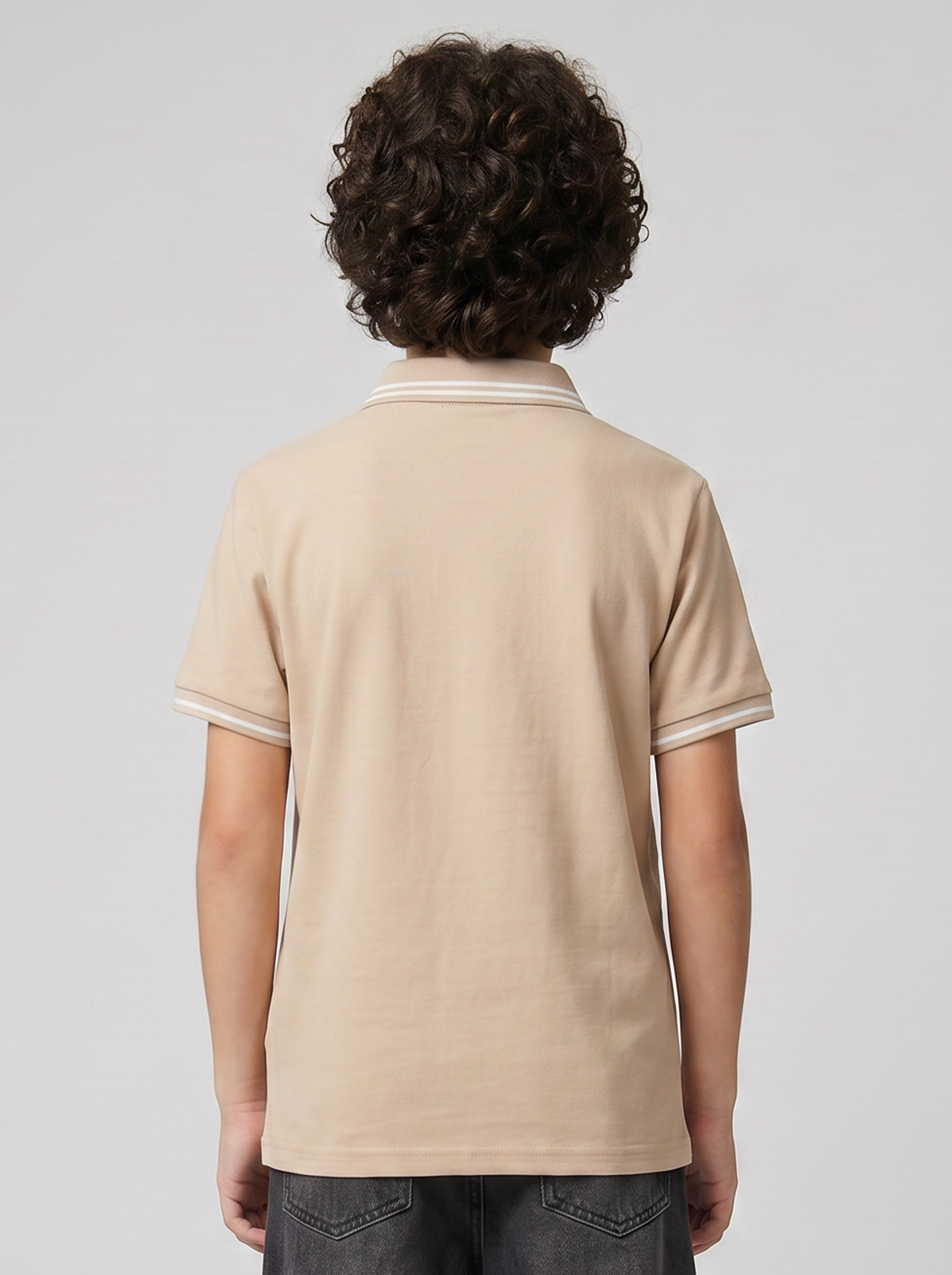 Boys' Beige Polo T-Shirt | Contrast Stripe Collar & Chest Graphic