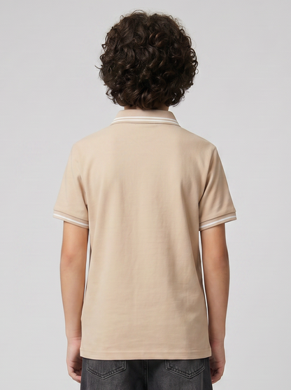 Boys' Beige Polo T-Shirt | Contrast Stripe Collar & Chest Graphic