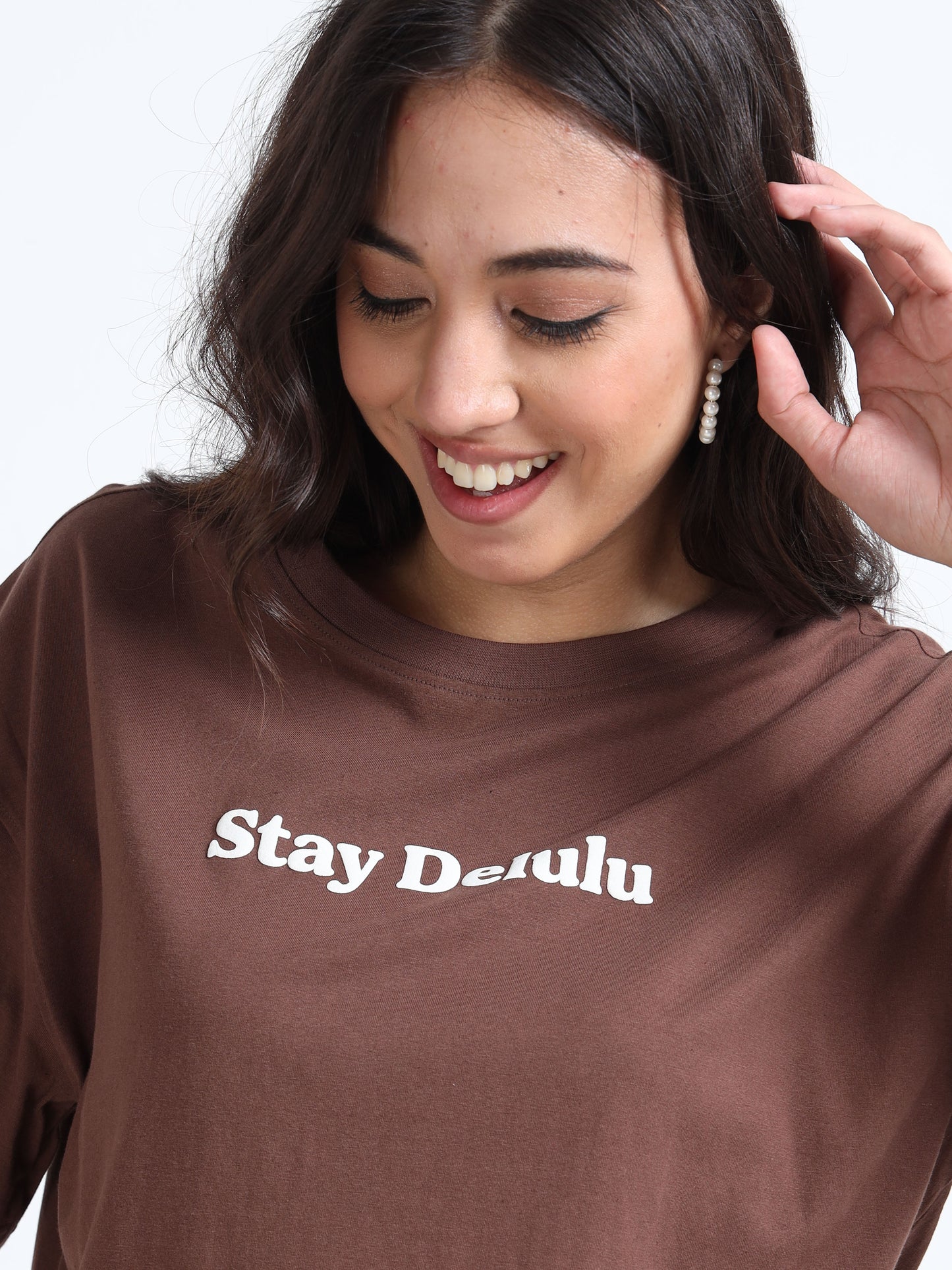 Women’s Oversized Brown Tshirt – Stay Delulu Graphic Tee