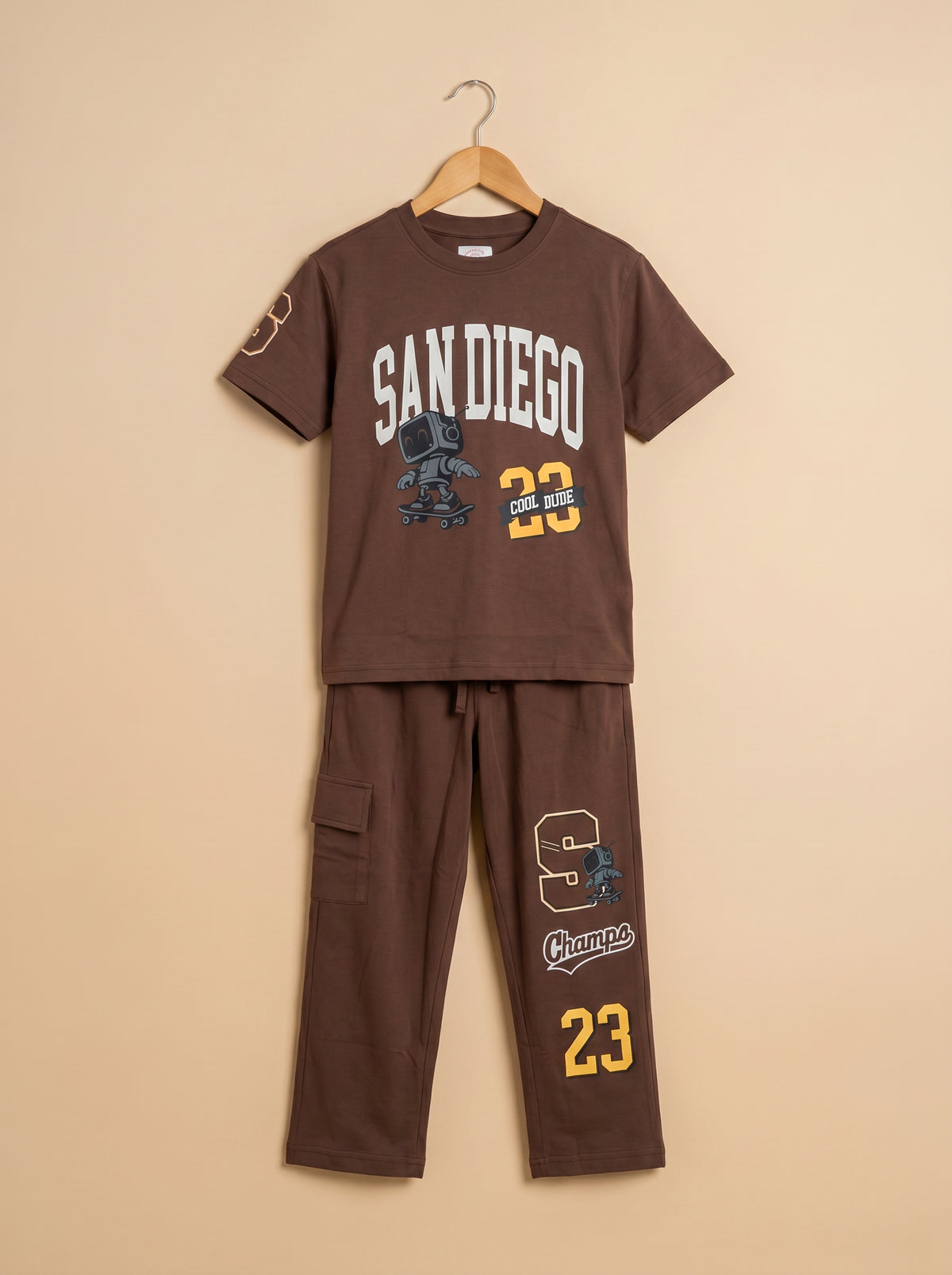 Kids' Brown "SAN DIEGO" Graphic Printed T-Shirt and Track Pants Set