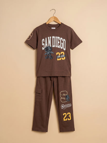 Kids' Brown "SAN DIEGO" Graphic Printed T-Shirt and Track Pants Set