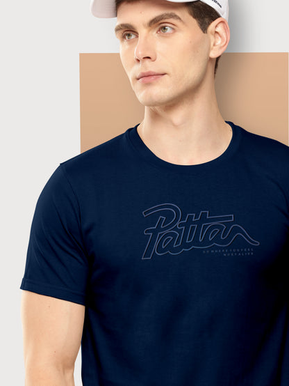 Men Navy Solid Embossed Logo Round Neck T-Shirt