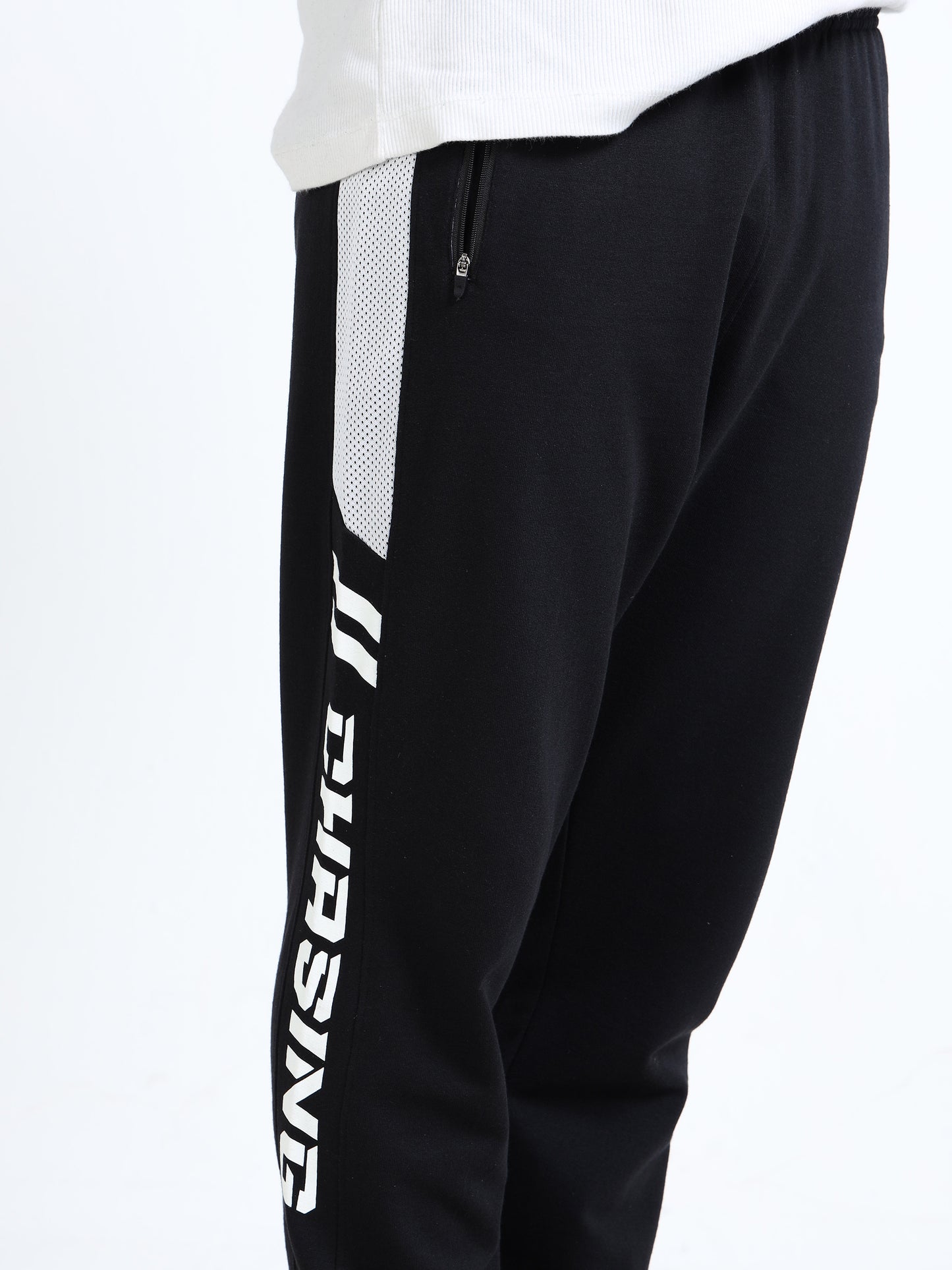 Men’s Black Printed Regular Fit Joggers | Mid-Rise | Zip Pocket | Elasticated Waist