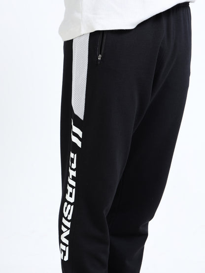 Men’s Black Printed Regular Fit Joggers | Mid-Rise | Zip Pocket | Elasticated Waist