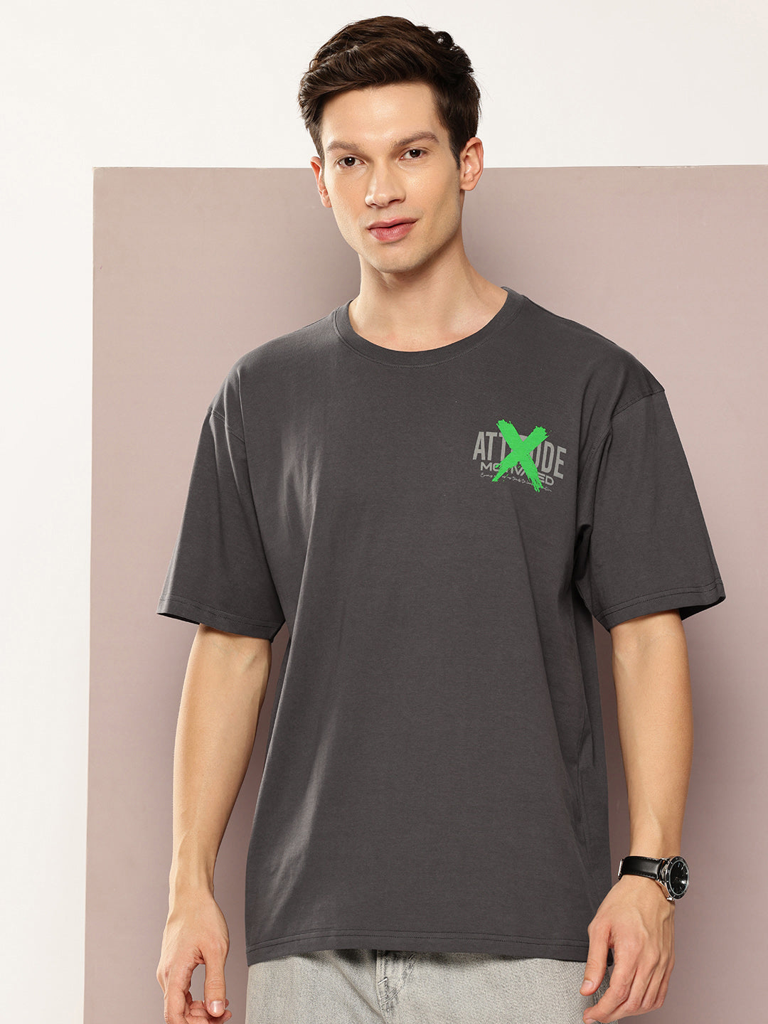 Men Dark Grey Oversized Typography Back Print Round Neck T-Shirt