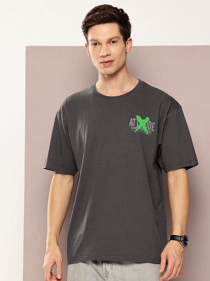 Men Dark Grey Oversized Typography Back Print Round Neck T-Shirt