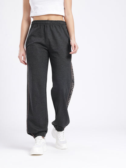 Women’s Charcoal Grey Cotton Joggers | Slim Fit Track Pants with Side Stripe