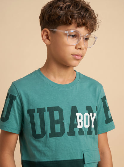 Kids' Teal and Dark Mint Colorblock Graphic T-Shirt and Cargo Track Pants Set