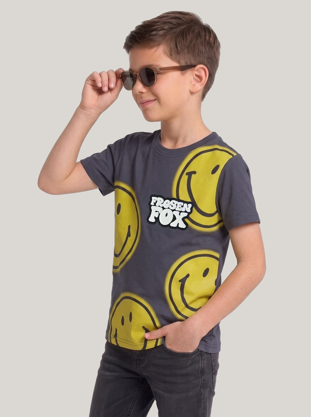 Kids' Charcoal Grey Smiley Graphic Printed T-Shirt | Fun Casual Everyday Wear