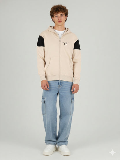 Men’s Beige Hooded Zip-Up Sweatshirt – Casual Cotton Blend Full Sleeve Hoodie Jacket