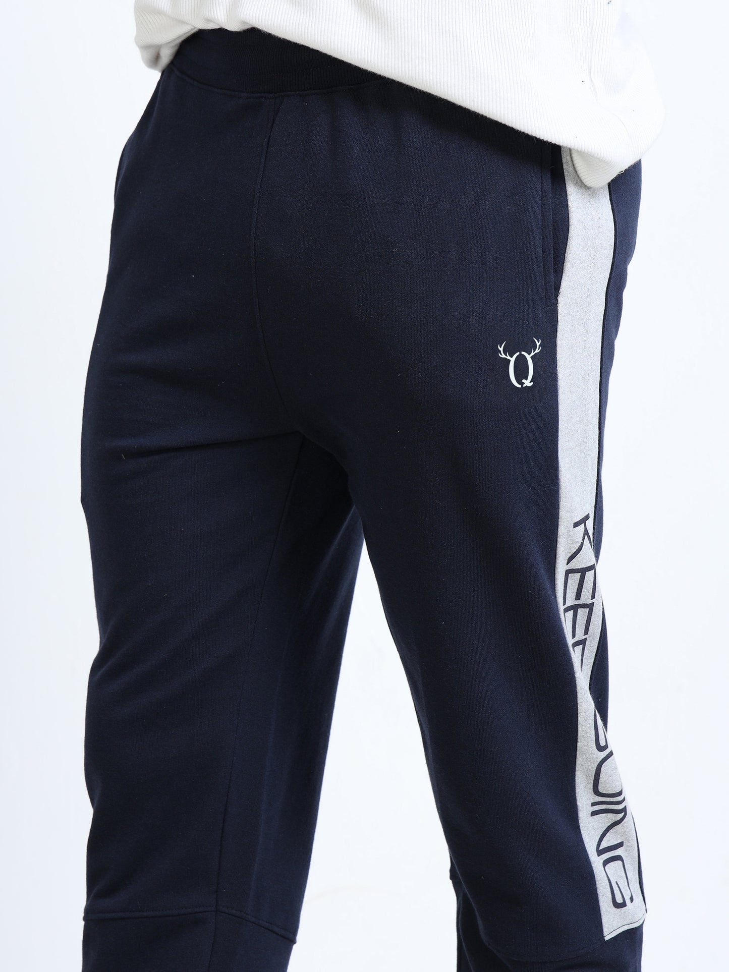Men’s Navy Blue Regular Fit Joggers | Mid-Rise | Printed Details | Elasticated Waist