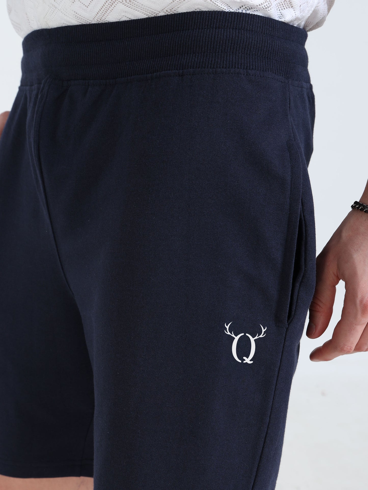 Men’s Navy Cotton Blend Shorts with Minimal Logo | Regular Fit Casual & Athleisure Shorts