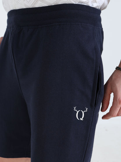 Men’s Navy Cotton Blend Shorts with Minimal Logo | Regular Fit Casual & Athleisure Shorts