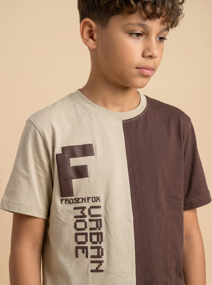 Kids' Beige and Brown Colorblock Graphic T-Shirt and Track Pants Set