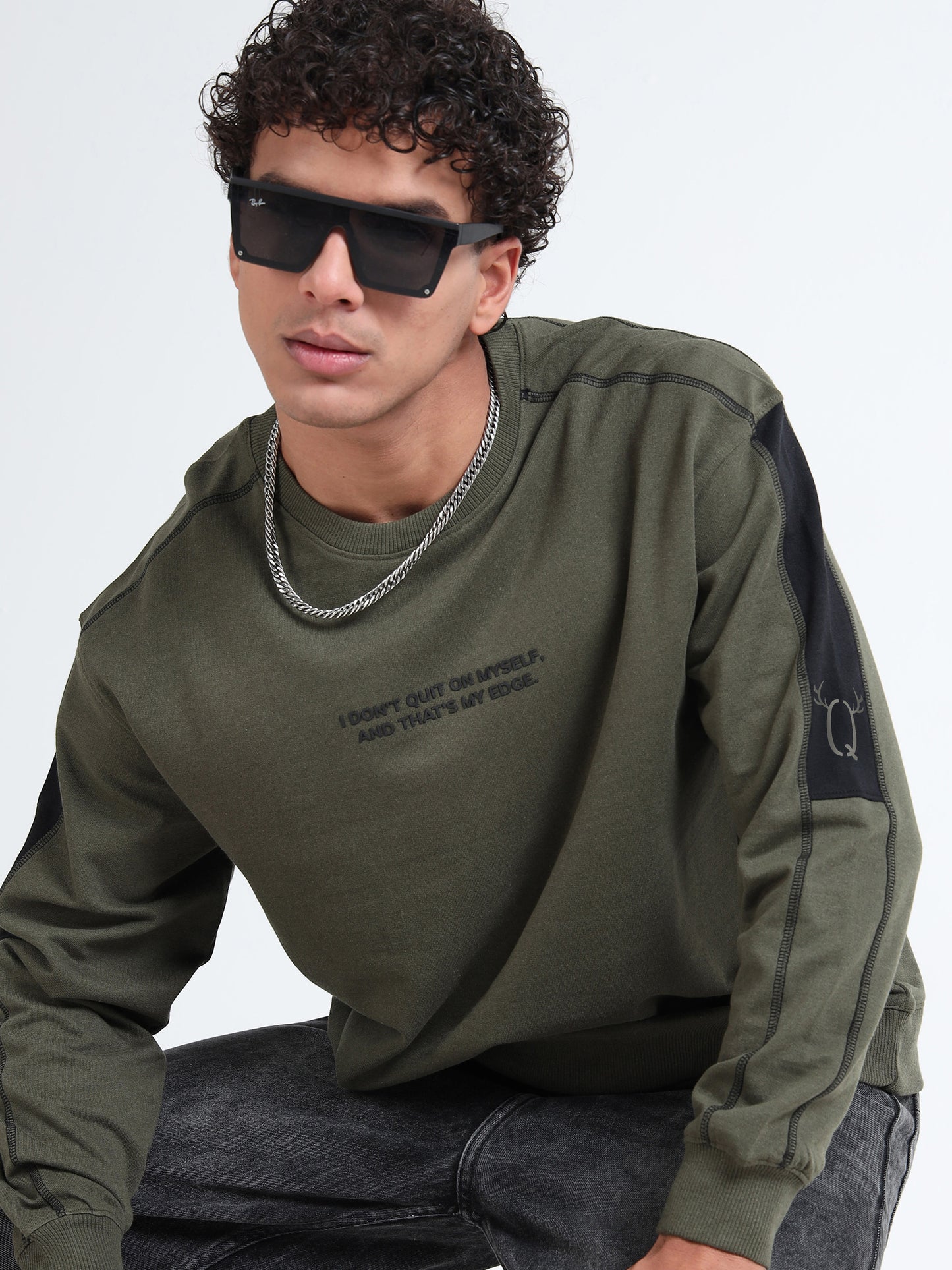 Men’s Olive Green Oversized Sweatshirt | Motivational Printed Round neck Pullover
