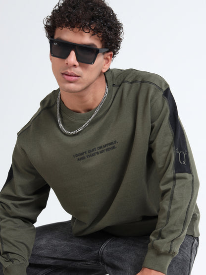 Men’s Olive Green Oversized Sweatshirt | Motivational Printed Round neck Pullover
