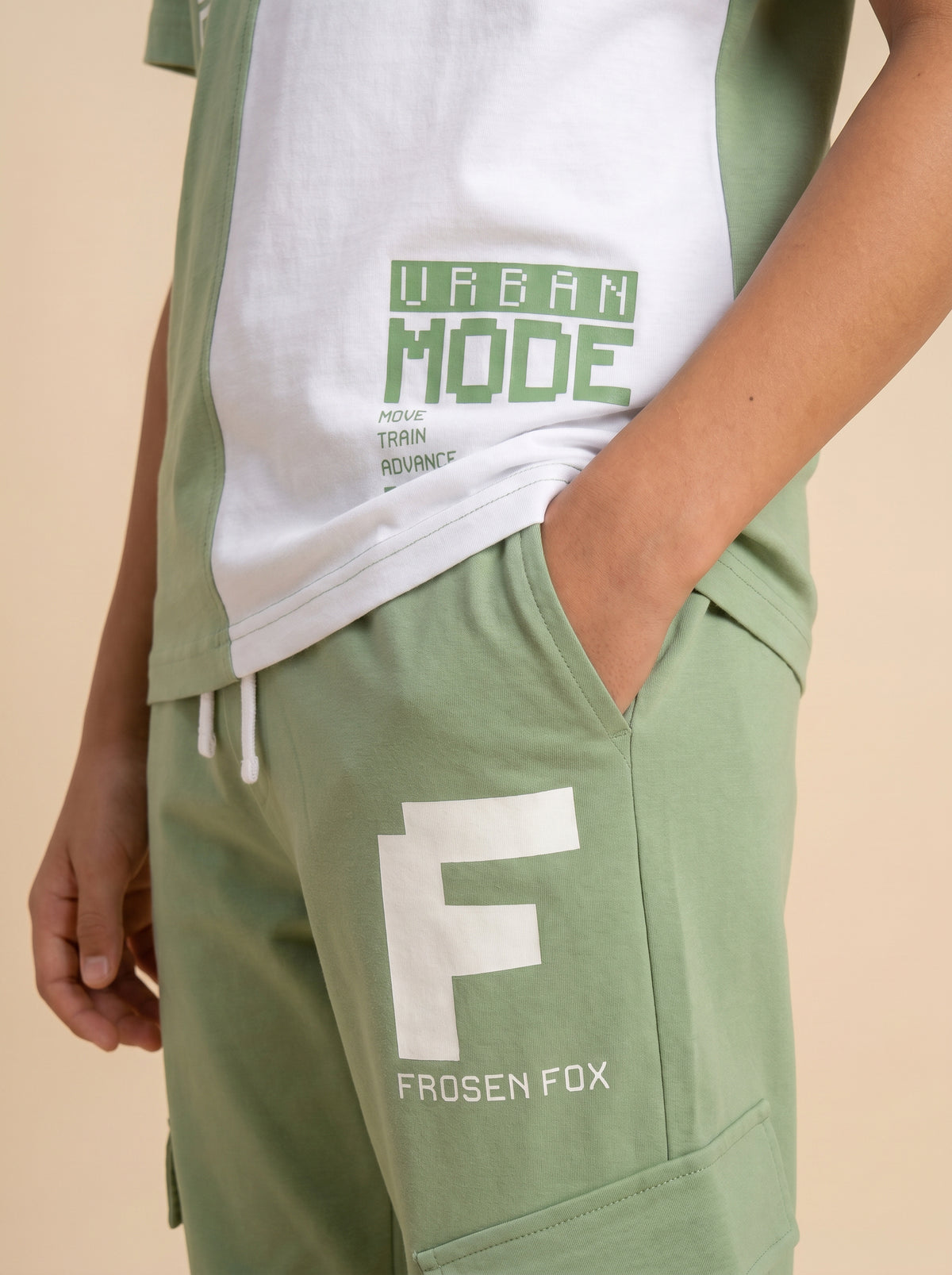 Kids' Sage Green and White Colorblock Graphic T-Shirt and Track Pants Set